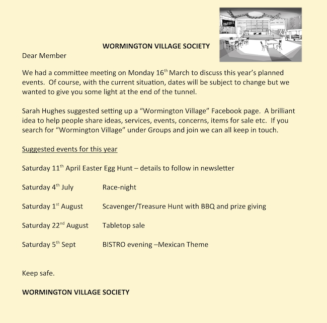 Wormington Village Society flyer, circa March 26-26, 2020.