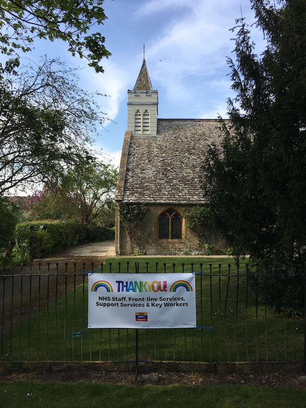 April 23, 2020. Thankyou NHS banner on the church fence