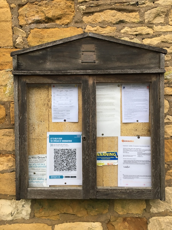 November 14, 2020. The church notice board, with COVID precautions posted