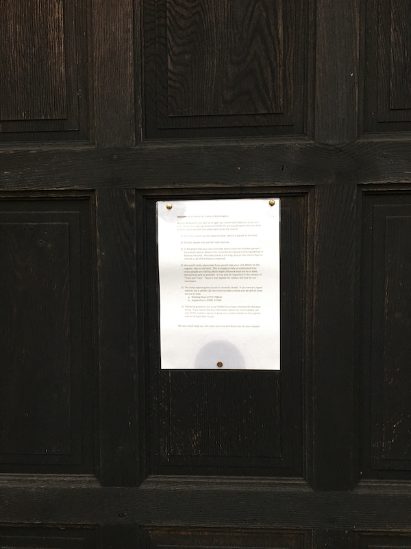 November 14, 2020. Notice on the church door, with COVID precautions