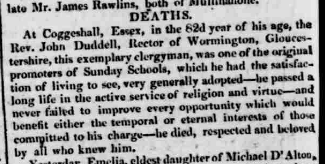 Notice of death of Rev. John Duddell, Limerick Chronicle 21 January 1826,  p2