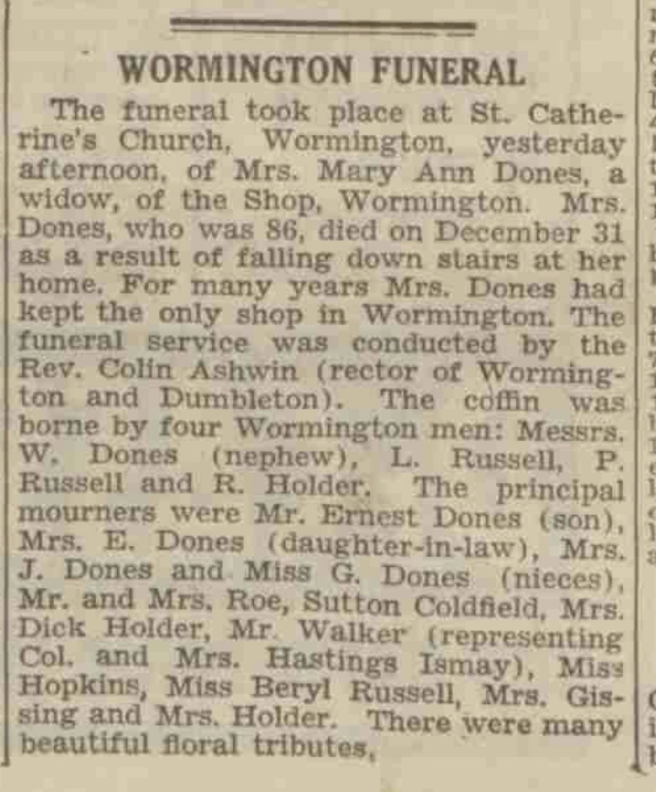 Obituary notice of Mrs. Mary Ann Dones, Gloucestershire Echo 7 January 1938, p3
