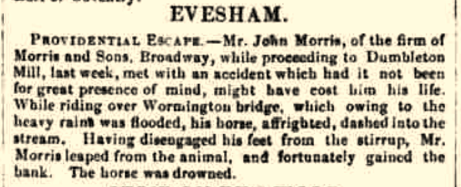 Cutting from the Cheltenham Journal and Gloucestershire Gazette, November 10 1855, p3. Horse drowns, man saves self from flood at Wormington bridge